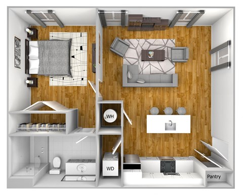 Floor plan for 1 bed, 1 bath, 674 sqft