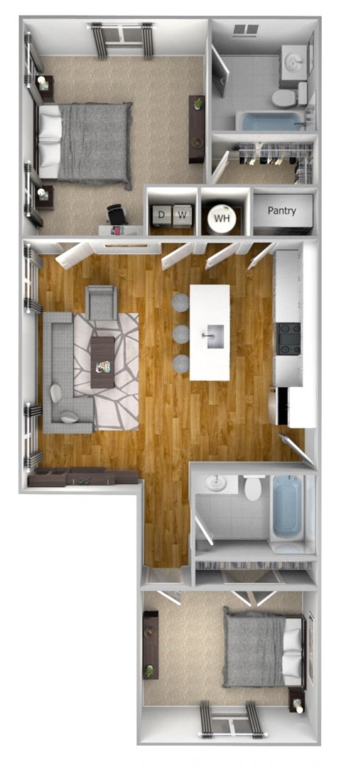 Floor plan for 2 beds, 2 baths, 1122 sqft