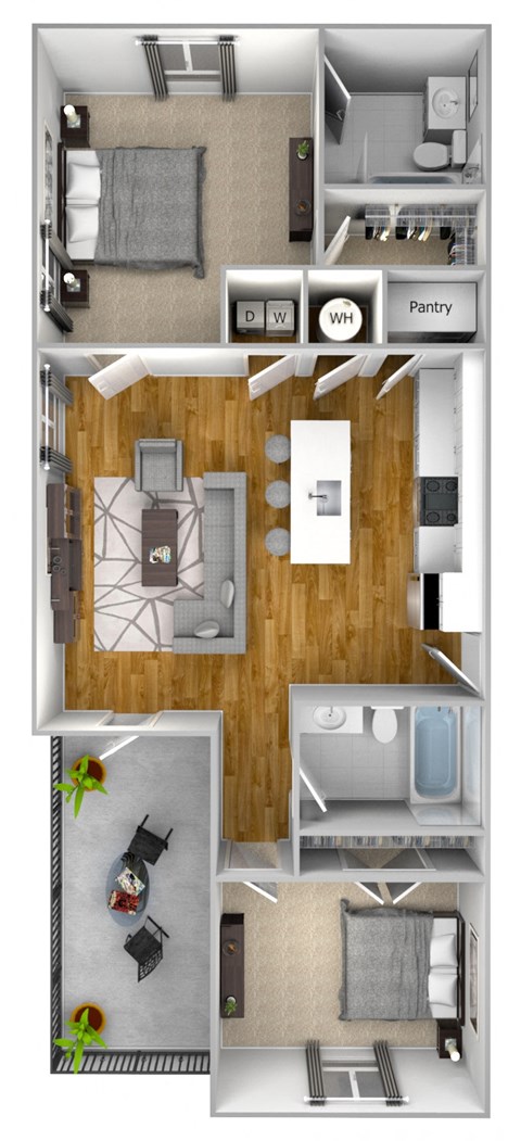 Floor plan for 2 beds, 2 baths, 1122 sqft