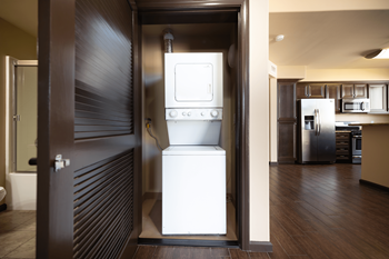 A washer and dryer in a room behind a door