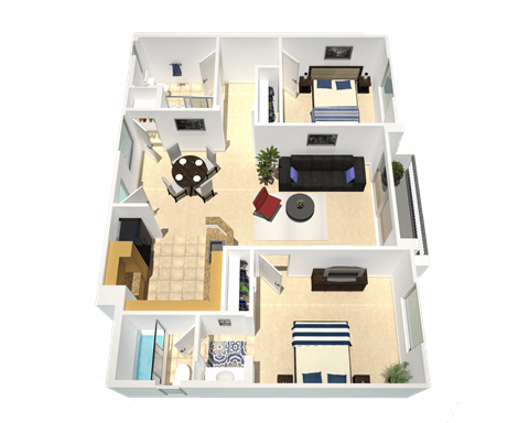 Floor plan for 2 beds, 2 baths, 910 sqft