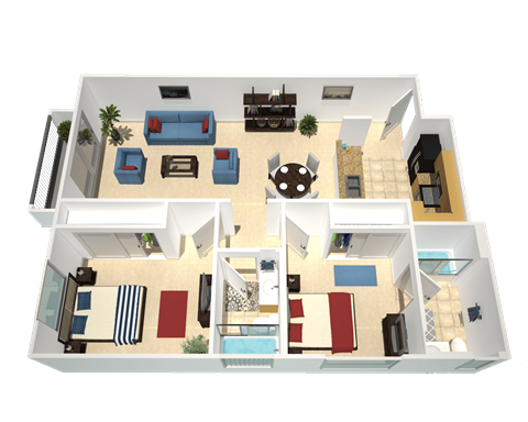 Floor plan for 2 beds, 2 baths, 885 sqft