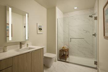 Showers with glass door enclosures with hand-set tile