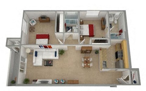 Floor plan for 2 beds, 2 baths, 957 sqft