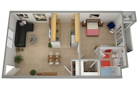 Floor plan for 1 bed, 1 bath, 680 sqft