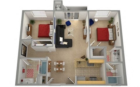 Floor plan for 2 beds, 2 baths, 880 sqft