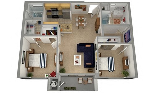 Floor plan for 2 beds, 2 baths, 840 sqft