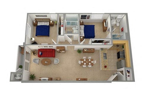 Floor plan for 2 beds, 2 baths, 965 sqft