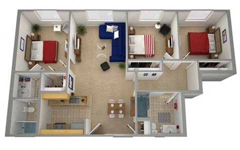 Floor plan for 3 beds, 2 baths, 1005 sqft