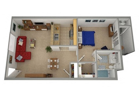 Floor plan for 1 bed, 1 bath, 683 sqft