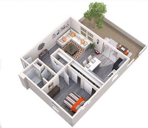 Floor plan for 1 bed, 1 bath, 635 sqft