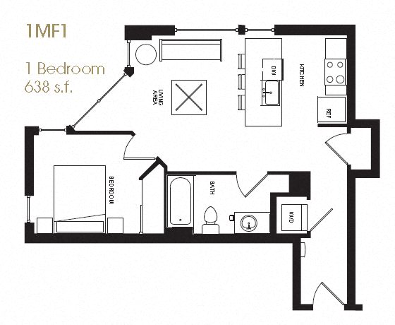 Floor plan for 1 bed, 1 bath, 638 sqft