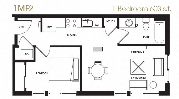 Floor plan for 1 bed, 1 bath, 603 sqft