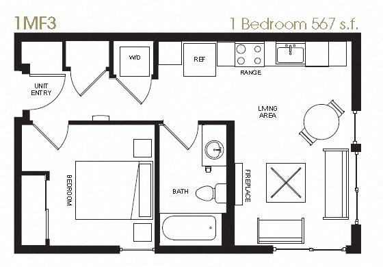 Floor plan for 1 bed, 1 bath, 567 sqft