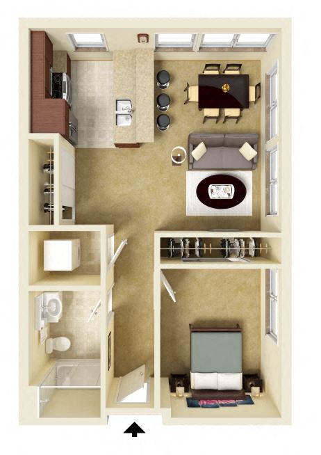 Floor plan for 1 bed, 1 bath, 669 sqft