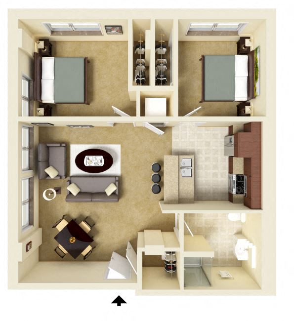 Floor plan for 2 beds, 1 bath, 832 sqft