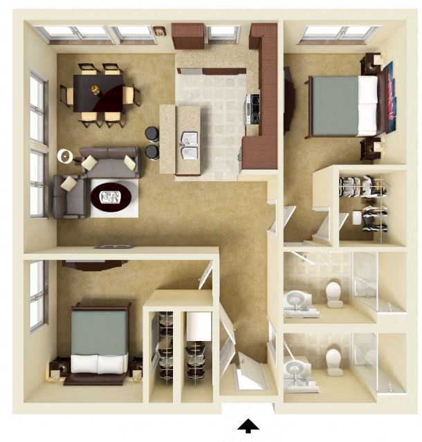 Floor plan for 2 beds, 2 baths, 1022 sqft