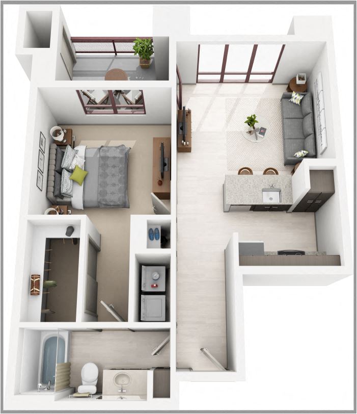 Floor plan for 1 bed, 1 bath, 681 sqft