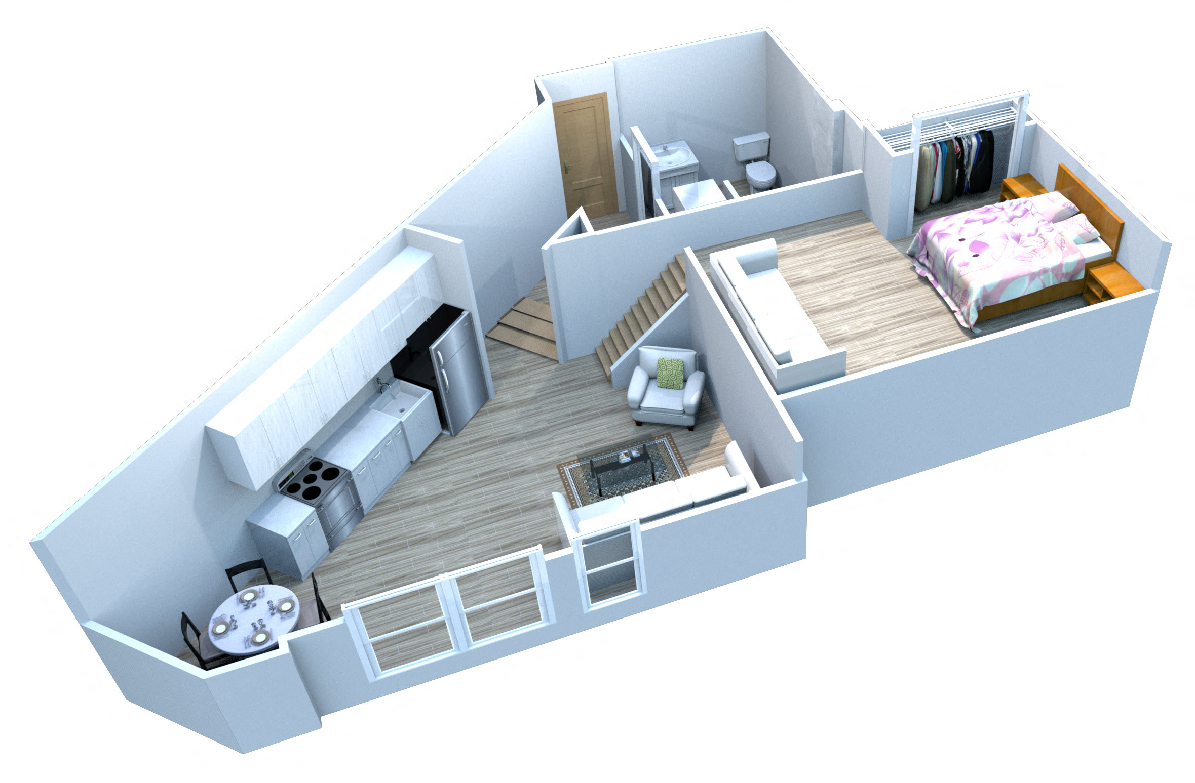 Floor plan for 1 bed, 1 bath, 1037 sqft