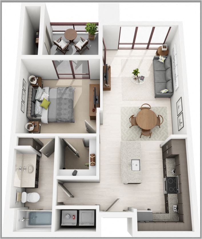Floor plan for 1 bed, 1 bath, 700 sqft