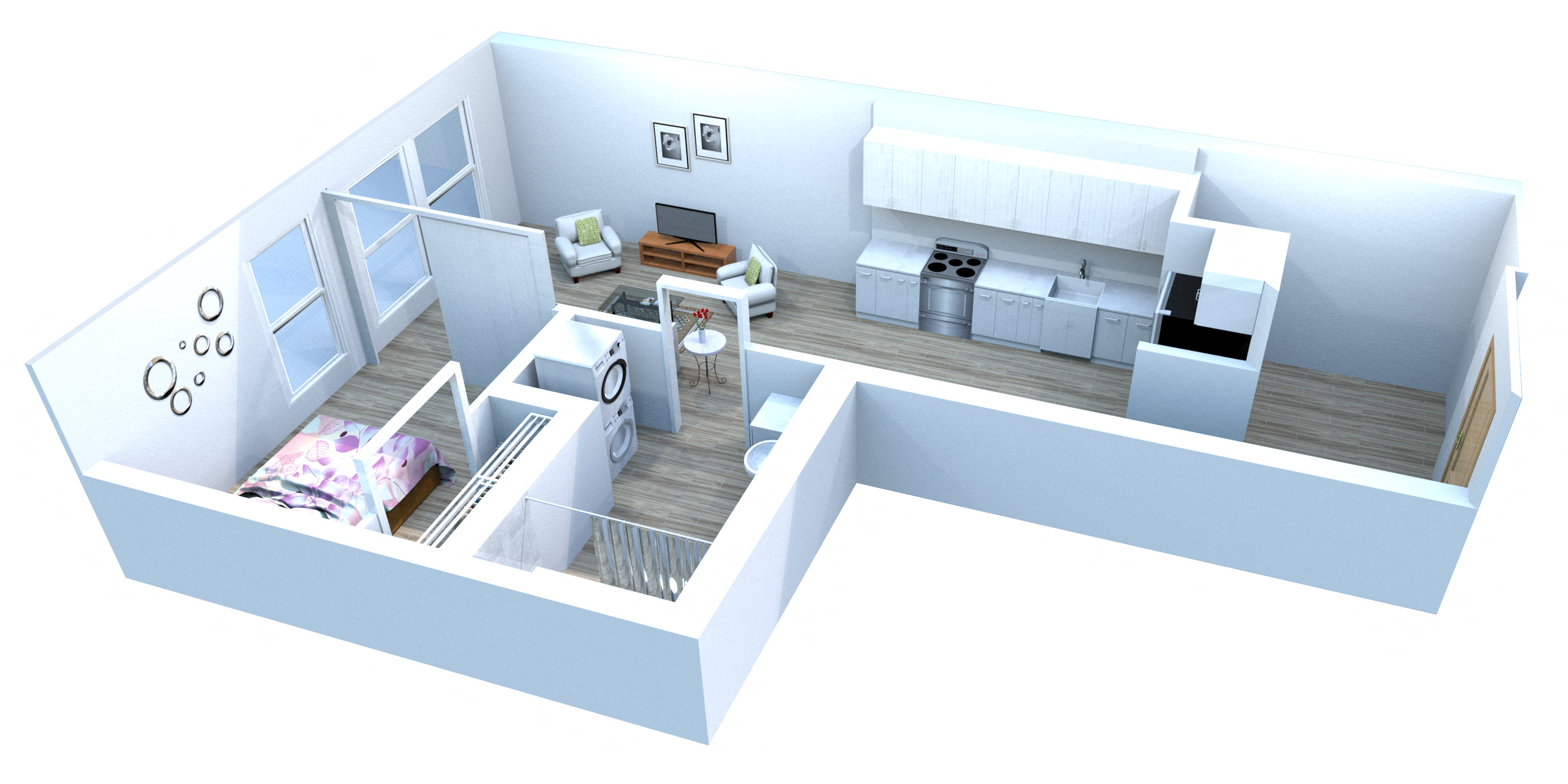 Floor plan for 1 bed, 1 bath, 555 sqft