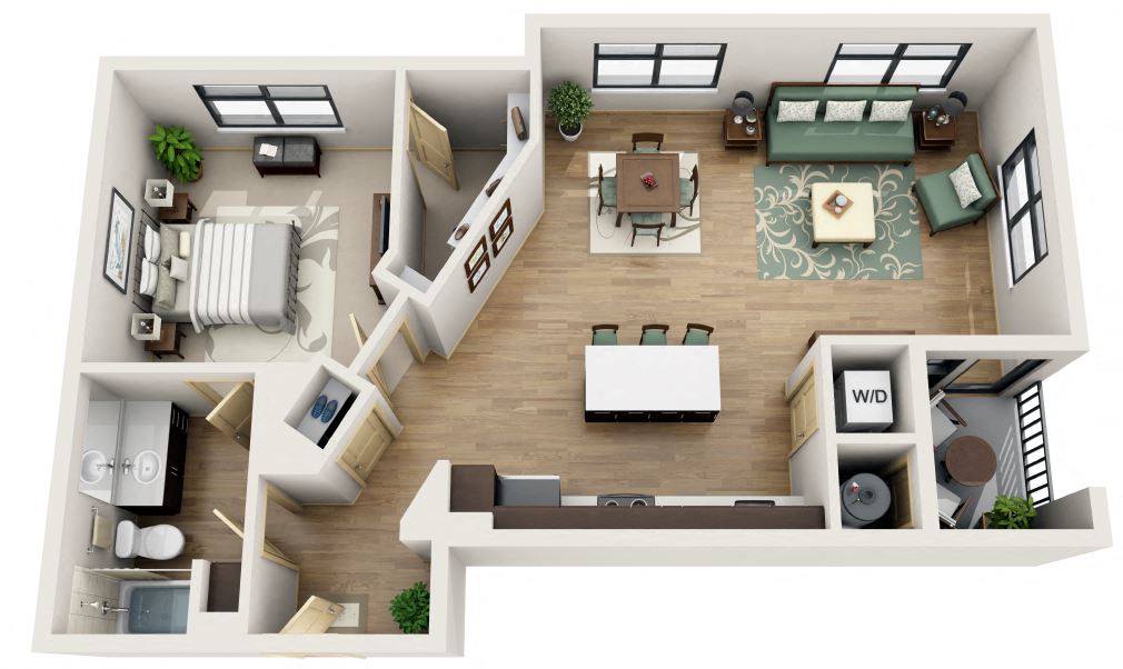Floor plan for 1 bed, 1 bath, 827 sqft