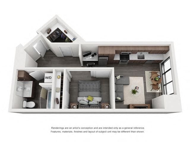 Floor plan for 1 bed, 1 bath, 619 sqft