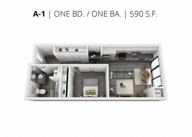 Floor plan for 1 bed, 1 bath, 590 sqft
