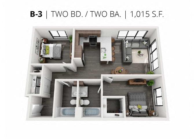 Floor plan for 2 beds, 2 baths, 910 sqft