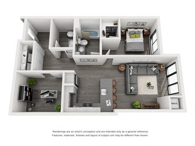Floor plan for 1 bed, 1.5 baths, 830 sqft