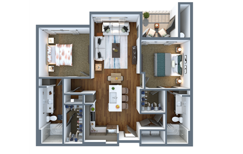 Floor plan for 2 beds, 2 baths, 1035 sqft