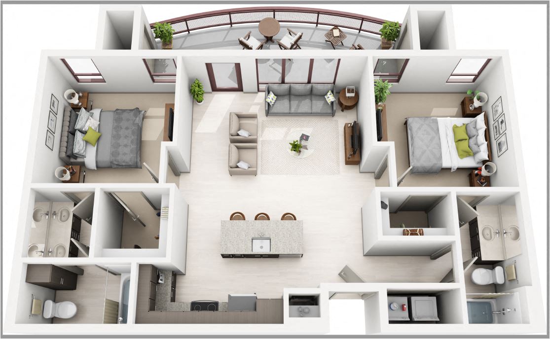 Floor plan for 2 beds, 2 baths, 1055 sqft