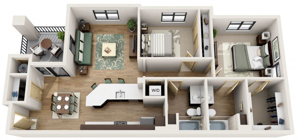 Floor plan for 2 beds, 2 baths, 1015 sqft