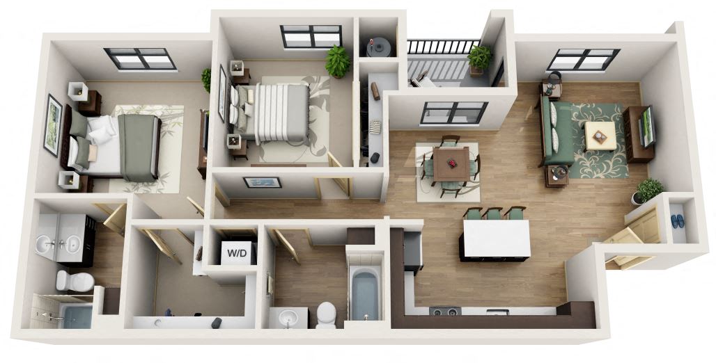 Floor plan for 2 beds, 2 baths, 1013 sqft