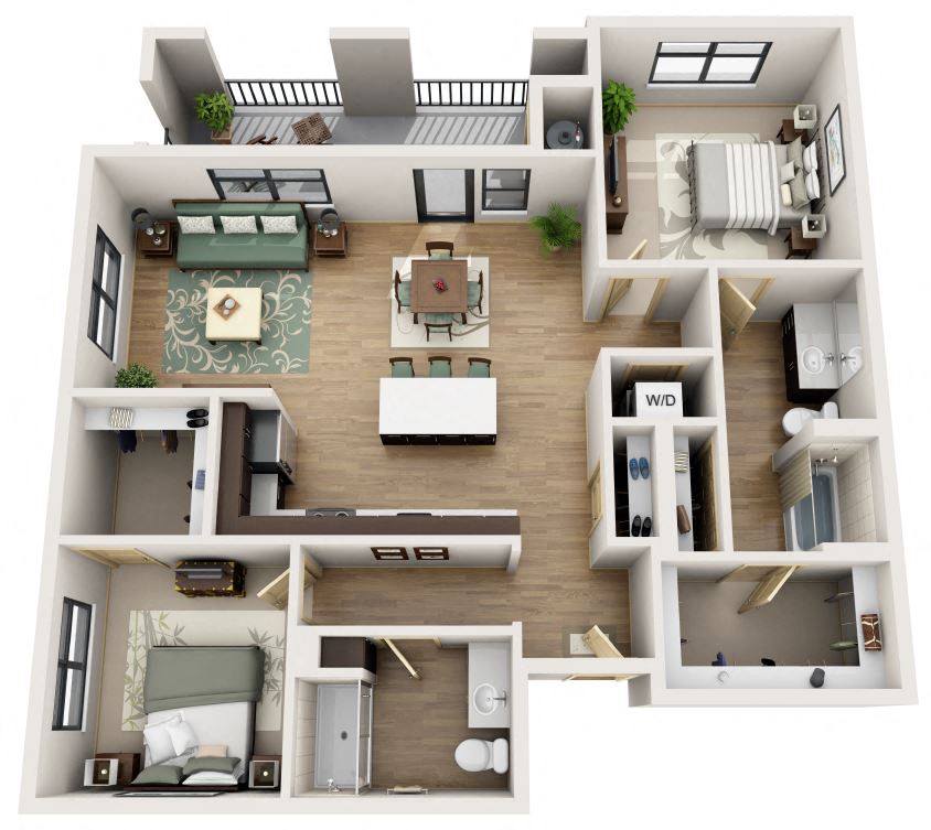 Floor plan for 2 beds, 2 baths, 1151 sqft