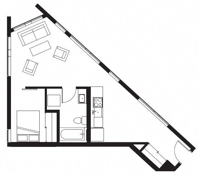 Floor plan for 1 bed, 1 bath, 633 sqft