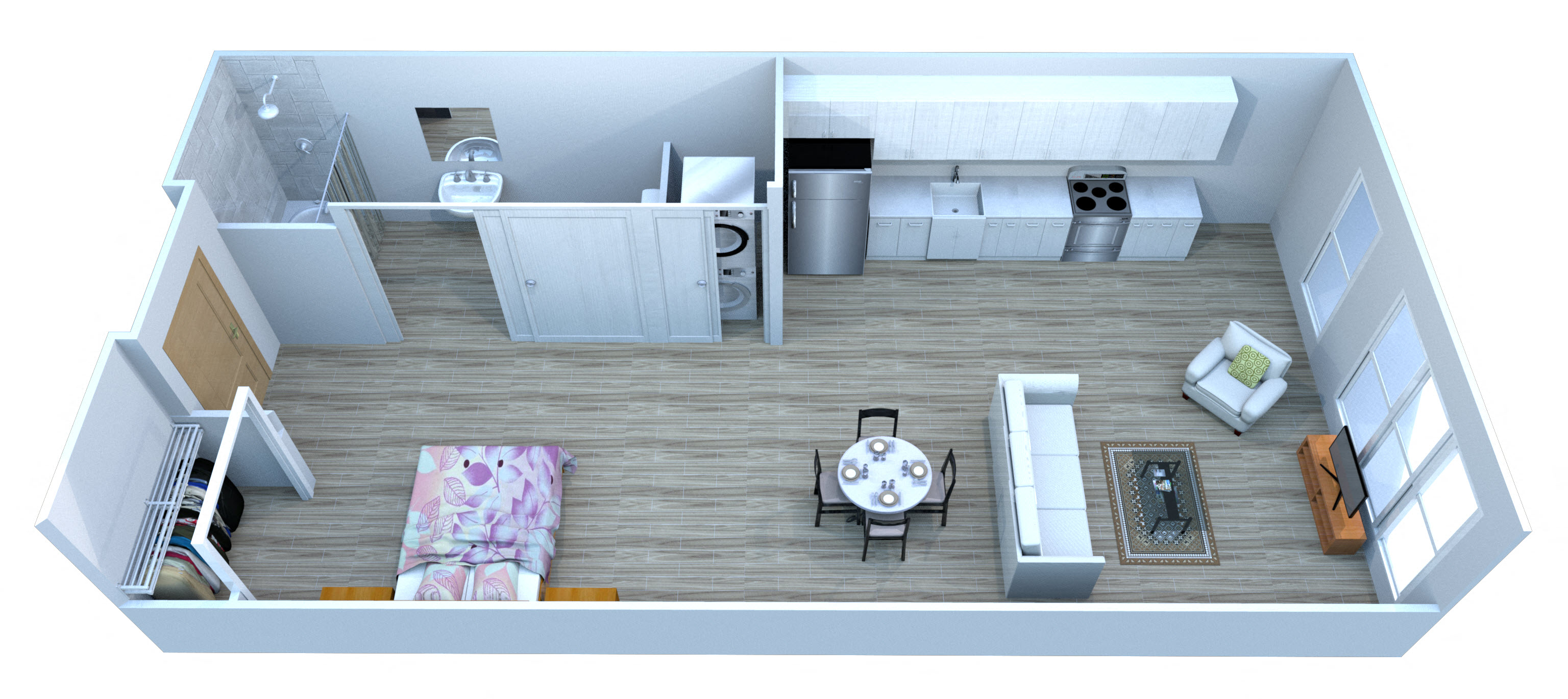 Floor plan for studio, 1 bath, 555 sqft