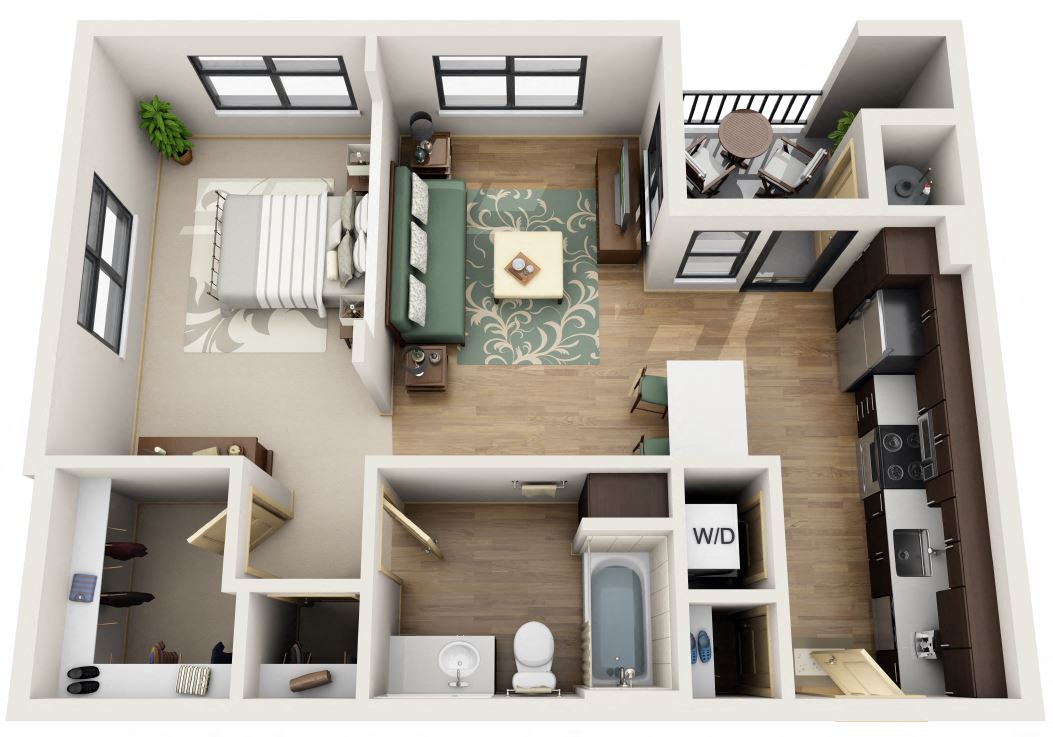 Floor plan for 1 bed, 1 bath, 677 sqft