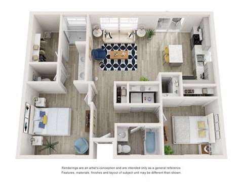 Floor plan for 2 beds, 2 baths, 996 sqft