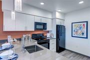 Seattle apartment for rent - A modern kitchen with a black refrigerator and a black oven.