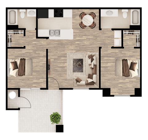 Floor plan for 2 beds, 2 baths, 990 sqft