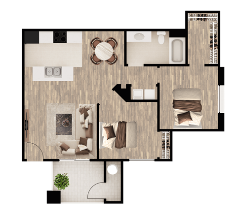 Floor plan for 1 bed, 1 bath, 879 sqft