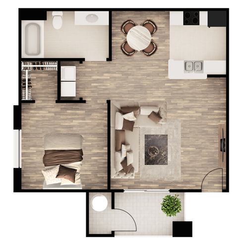Floor plan for 1 bed, 1 bath, 692 sqft