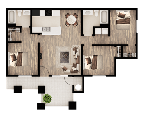 Floor plan for 3 beds, 2 baths, 1112 sqft