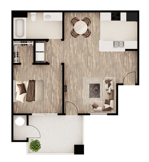 Floor plan for 1 bed, 1 bath, 685 sqft