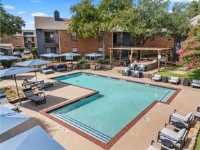 Plano apartment for rent - A large swimming pool surrounded by lounge chairs and umbrellas.