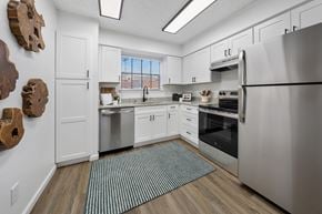 Plano apartment for rent - A kitchen with a refrigerator, oven, and sink.