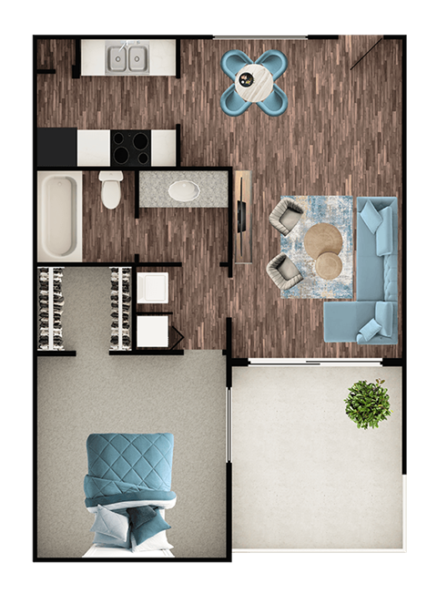 Floor plan for 1 bed, 1 bath, 580 sqft