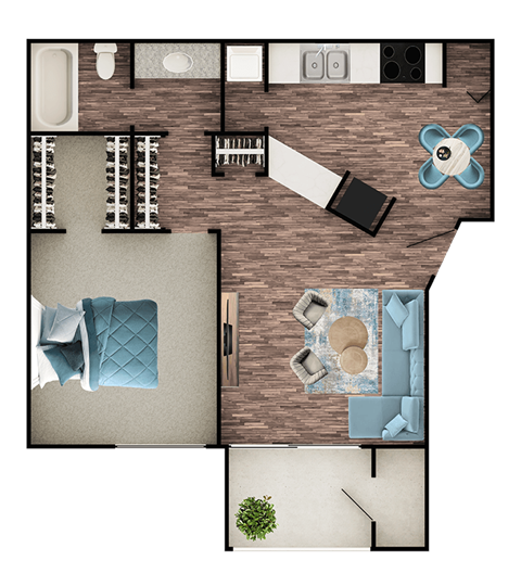 Floor plan for 1 bed, 1 bath, 620 sqft