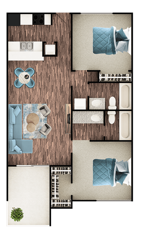 Floor plan for 2 beds, 2 baths, 860 sqft